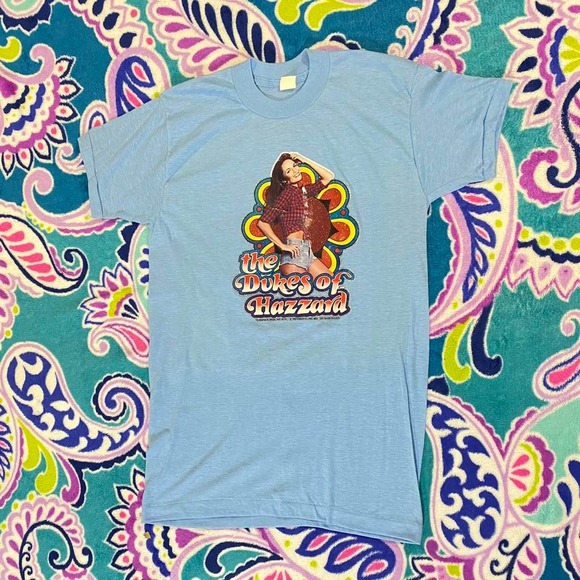70S DAISY DUKES OF HAZZARD DEV KNIT BLUE SINGLE STITCHED SHIRT - Picture 1 of 4